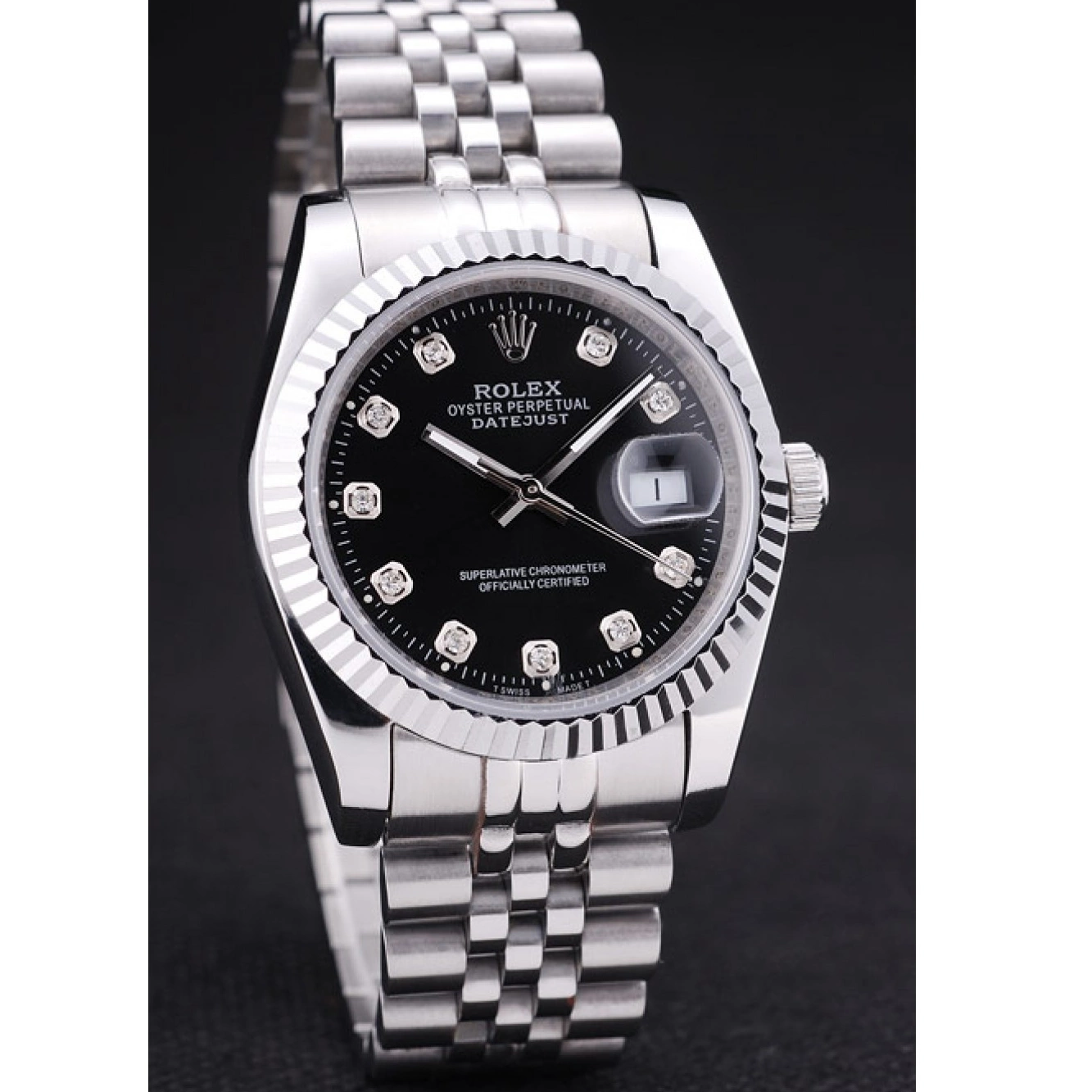 Aaa fake watches Diamonds Ribbed Black Rolex Dial 7458 Bezel Datejust 0630